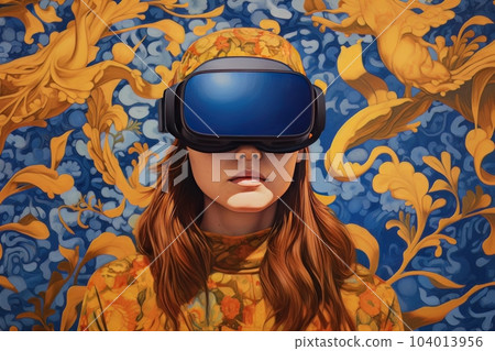 Redhead woman in yellow futuristic costume in virtual reality glasses on blue and yellow background AI 104013956
