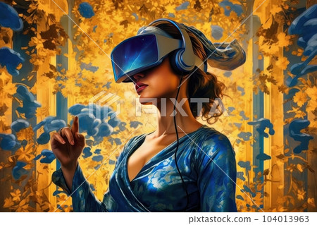Modern woman in blue futuristic costume with golden elements in virtual reality glasses on a golden background AI 104013963