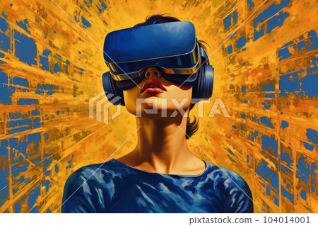 Modern woman in blue futuristic costume with golden elements in virtual reality glasses on a golden background AI 104014001