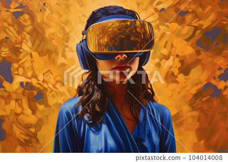 Modern woman in blue futuristic costume with golden elements in virtual reality glasses on a golden background AI Modern woman in blue futuristic costume with golden elements in virtual reality glasses on a golden background AI 104014008