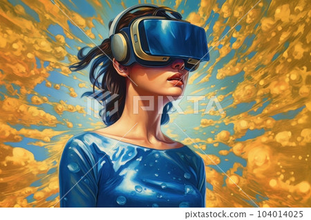 Modern woman in blue futuristic costume with golden elements in virtual reality glasses on a golden background AI Modern woman in blue futuristic costume with golden elements in virtual reality glasses on a golden background AI 104014025