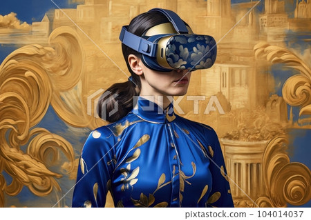Modern woman in blue futuristic costume with golden elements in virtual reality glasses on a golden background AI Modern woman in blue futuristic costume with golden elements in virtual reality glasses on a golden background AI 104014037