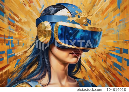Modern woman in blue futuristic costume with golden elements in virtual reality glasses on a golden background AI Modern woman in blue futuristic costume with golden elements in virtual reality glasses on a golden background AI 104014038