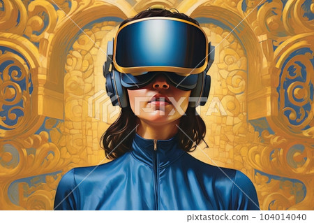 Modern woman in blue futuristic costume with golden elements in virtual reality glasses on a golden background AI Modern woman in blue futuristic costume with golden elements in virtual reality glasses on a golden background AI 104014040