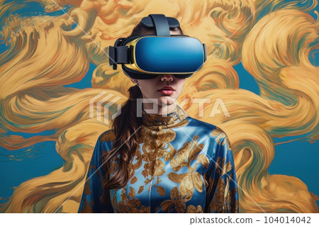 Modern woman in blue futuristic costume with golden elements in virtual reality glasses on a golden background AI Modern woman in blue futuristic costume with golden elements in virtual reality glasses on a golden background AI 104014042