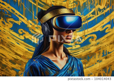 Modern woman in blue futuristic costume with golden elements in virtual reality glasses on a golden background AI Modern woman in blue futuristic costume with golden elements in virtual reality glasses on a golden background AI 104014043