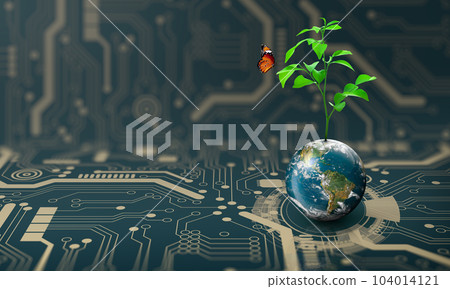 Tree growing on Earth with abstract blue background. Environmental Technology, Earth day, Energy saving, Environmentally friendly, csr, and IT ethics Concept. Elements furnished by NASA. 104014121