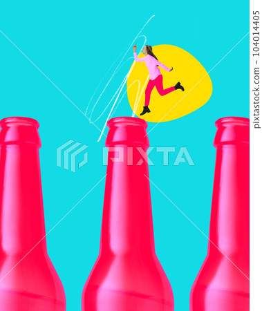 Contemporary art collage. Concept of beer festival, traditions, drinks and Oktoberfest party 104014405