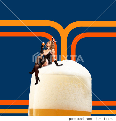 Contemporary art collage. Concept of beer festival, traditions, drinks and Oktoberfest party 104014420