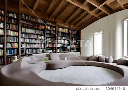 Modern room with a circular sofa and a large bookshelf Modern room with a circular sofa and a large bookshelf 104014640