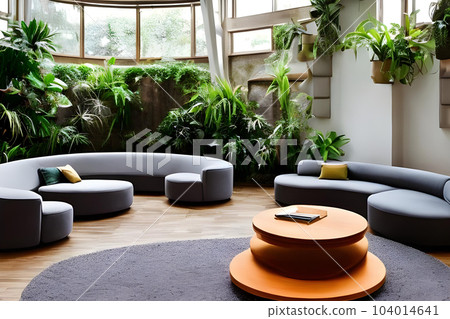 Modern room with round sofa, table and houseplant 104014641