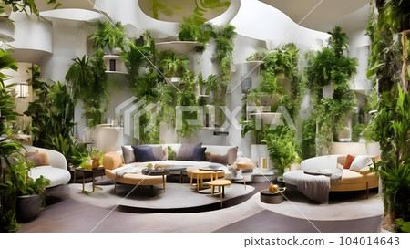 Futuristic room with sofa and lots of houseplants Futuristic room with sofa and lots of houseplants 104014643