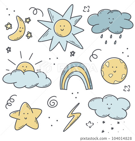 Weather conditions colored doodle set 104014828