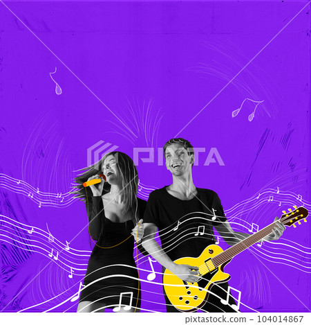 Happy, joyful young people, man and woman on live concert, singing, playing guitar. Leisure activity. Contemporary art collage. 104014867