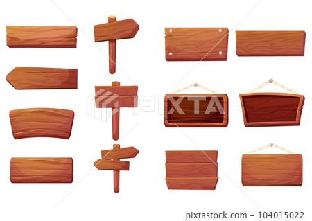 Set of wooden tablets, hanging textured panels rope, signboards with pointer, fence with nails in cartoon style isolated on white background. Rustic board, plank with place. Ui game assets 104015022
