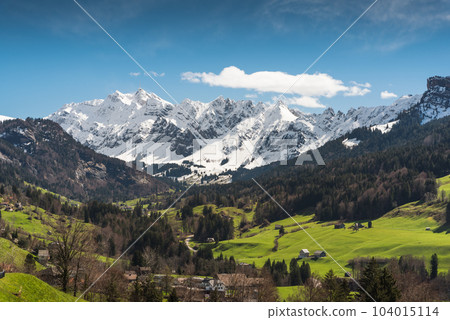 The snow-covered Mt. Saentis in the Alpstein Mountains, Ennetbuehl, Canton Sankt Gallen, Switzerland The snow-covered Mt. Saentis in the Alpstein Mountains, Ennetbuehl, Canton Sankt Gallen, Switzerland 104015114