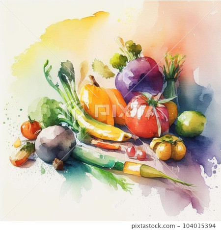 Watercolor colorful art. Minimalist retro illustration with vegetables. Watercolor colorful art. Minimalist retro illustration with vegetables. 104015394