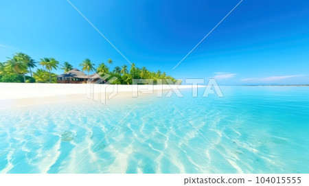 Illustration image, beach scene with crystal-clear turquoise waters, powdery white sand, palm leaves, sparkling waves and blue sunny sky, with copy space, Generative AI illustration Illustration image, beach scene with crystal-clear turquoise waters, powdery white sand, palm leaves, sparkling waves and blue sunny sky, with copy space, Generative AI illustration 104015555