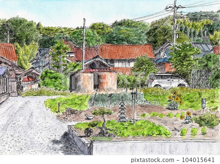 Scenery of a rural town with a large tank 104015641