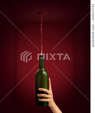 Female hand holding bottle of red wine over dark red, viva magenta background. Concept of taste, alcohol, winery Female hand holding bottle of red wine over dark red, viva magenta background. Concept of taste, alcohol, winery 104015781