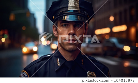 Confident portrait of a policeman in the city, ensuring public safety and maintaining law and order with dedication. generative AI. 104015972