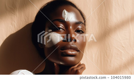 Black woman, face and gold makeup closeup with luxury dermatology and  skincare mask with glitter. Sparkle, smile and beauty with rich and shine  of cosmetics and model in a studio with facial