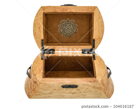 Empty Open wooden jewelry box with velvet lining and vintage accessories and Clipping Pathon white background. used for storing small things, Luxury packaging for anything. Empty Open wooden jewelry box with velvet lining and vintage accessories and Clipping Pathon white background. used for storing small things, Luxury packaging for anything. 104016187