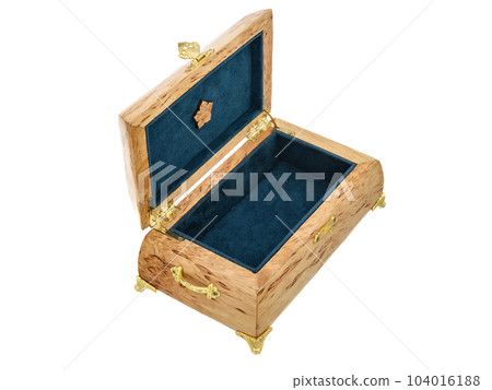 Empty Open wooden jewelry box with velvet lining and vintage accessories and Clipping Pathon white background. used for storing small things, Luxury packaging for anything. Empty Open wooden jewelry box with velvet lining and vintage accessories and Clipping Pathon white background. used for storing small things, Luxury packaging for anything. 104016188
