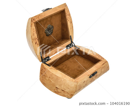 Empty Open wooden jewelry box with velvet lining and vintage accessories and Clipping Pathon white background. used for storing small things, Luxury packaging for anything. 104016190