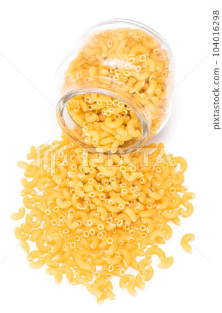 Uncooked Chifferi Rigati Pasta in Glass Jar Isolated on White Uncooked Chifferi Rigati Pasta in Glass Jar Isolated on White 104016298