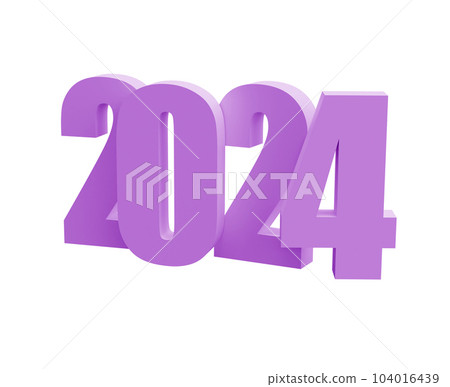 Happy New Year Christmas 2024 with shiny 3D lilac numbers with clipping path. Holiday celebration design. Premium element for posters, banners, calendar and greeting card 104016439