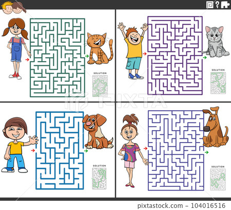 maze activities set with cartoon children and their pets 104016516