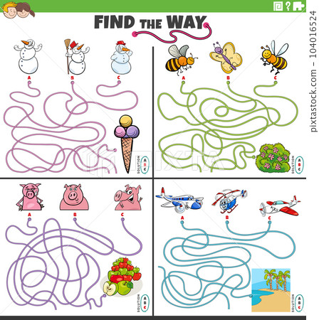 find the way maze games set with cartoon characters find the way maze games set with cartoon characters 104016524