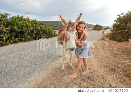 Young woman smiling, posing  with wild donkey, giving him hug. These animals roam freely in Karpass region of Northern Cyprus 104017293