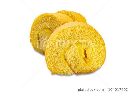 Freshly delicious homemade roll cake isolated on white background. Freshly delicious homemade roll cake isolated on white background. 104017402