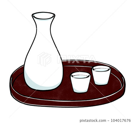 Illustration of sake bottle and sake cup on tray Illustration of sake bottle and sake cup on tray 104017676