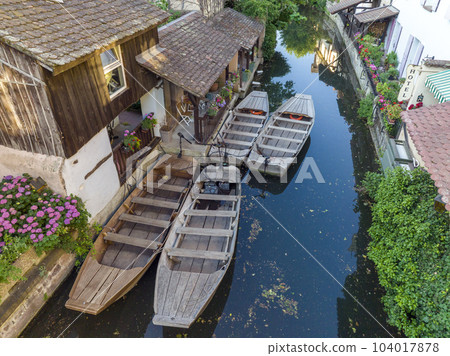 La Petite Venise or Little Venice in Colmar, Alsace, France. Morning time Aerial Drone Shot La Petite Venise or Little Venice in Colmar, Alsace, France. Morning time Aerial Drone Shot 104017878