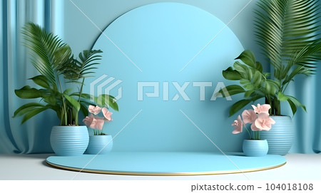 Tropical summer scene with a podium for product display. AI. 300dpi Tropical summer scene with a podium for product display. AI. 300dpi 104018108