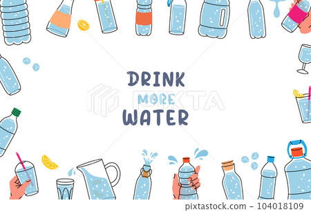 Water bottle sketches in horizontal banner. Plastic bottles line background. Drink more water. Glasses, bottles, jug, jar, flask with clean water. Water bottle sketches in horizontal banner. Plastic bottles line background. Drink more water. Glasses, bottles, jug, jar, flask with clean water. 104018109