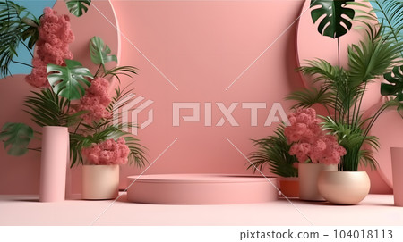 Tropical summer scene with a podium for product display. AI. 300dpi 104018113