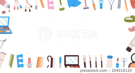 Makeup tools in horizontal banner. Women's cosmetics. Manicure and pedicure tools, cosmetic cream, brushes, nail polish, sponge, comb, massage roller. Makeup tools in horizontal banner. Women's cosmetics. Manicure and pedicure tools, cosmetic cream, brushes, nail polish, sponge, comb, massage roller. 104018120