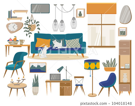 Vector interior of living room, flat illustrations. Furnitures in mid century style. 104018148