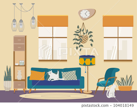 Vector interior of living room, flat illustrations. Furnitures in mid century style. Vector interior of living room, flat illustrations. Furnitures in mid century style. 104018149