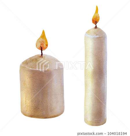White candles with watercolor separating on white for decorating in Halloween, New Year and Christmas. Illustration isolated on white background. 104018194