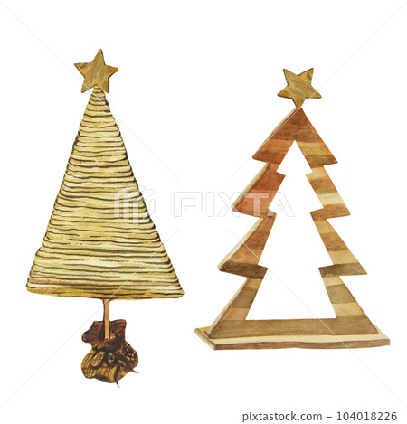 Brown and yellow modern watercolor eco Christmas trees made of wooden planks, isolated on white background. New Year's vintage toy for the Christmas tree. Christmas tree eco friendly decor. 104018226