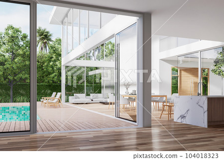 Modern style white house interior with wooden swimming pool terrace 3d render Modern style white house interior with wooden swimming pool terrace 3d render 104018323