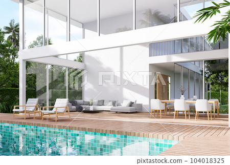Exterior of Minimal style modern white house with wooden terrace and blue tile swimming pool 3d render 104018325