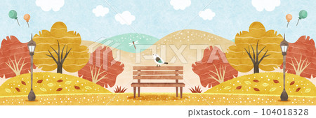 秋葉和棲息在公園長椅上的小鳥 自然水彩風景圖 秋葉和棲息在公園長椅上的小鳥 自然水彩風景圖 104018328