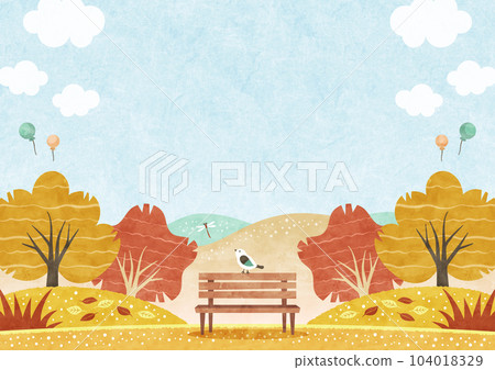 秋葉和棲息在公園長椅上的小鳥 自然水彩背景圖 104018329