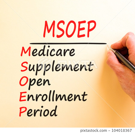 MSOEP symbol. Concept words MSOEP medicare supplement open enrollment period on white paper. Beautiful brown background. Medical MSOEP medicare supplement open enrollment period concept. Copy space. 104018367